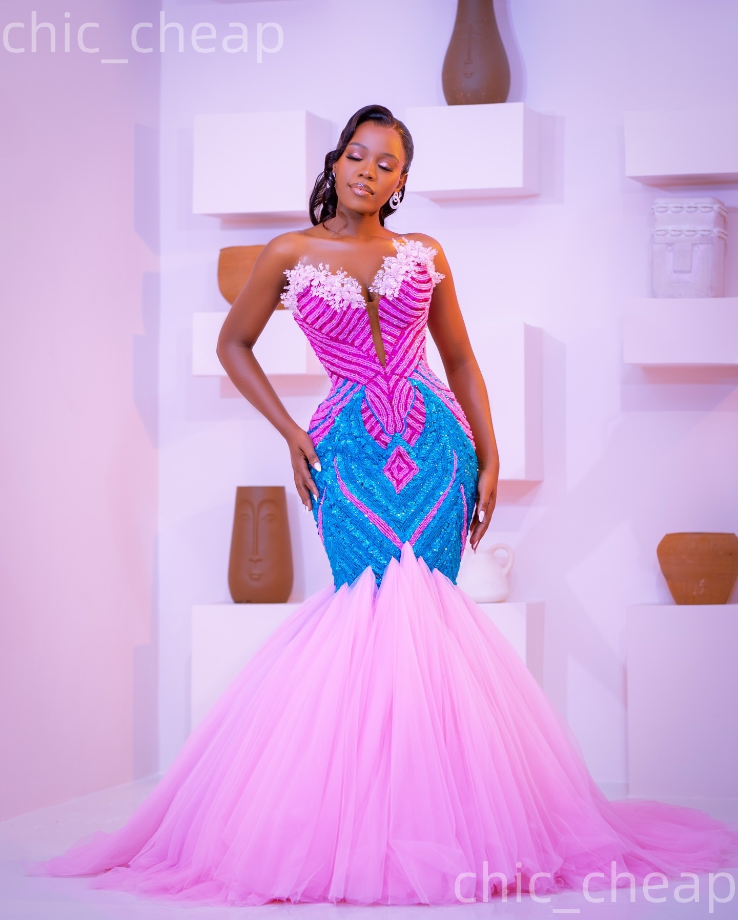 Aso Ebi Pink Mermaid Prom Dresses 2026 Crystals Beaded Sequined Flowers Evening Formal Party Second Birthday Engagement Gowns Dress For Special Occasi