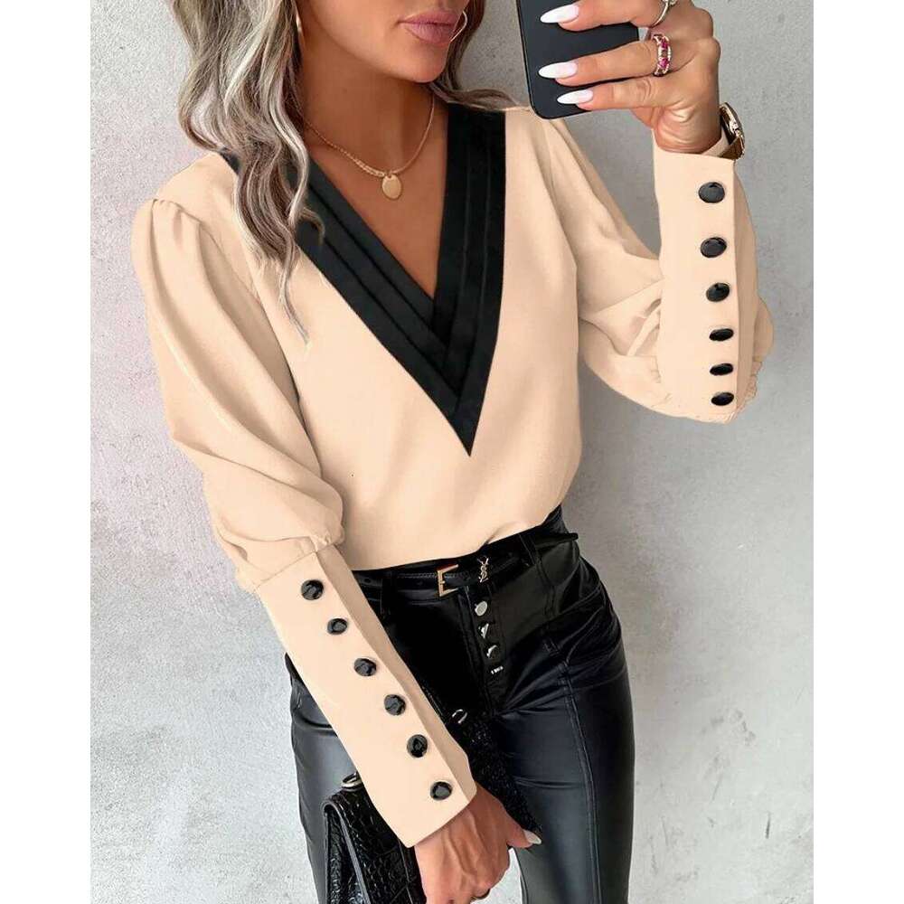 Office Ladies V-neck Button Shirt Blouse Spring Autumn Fashion Color Matching Long Sleeve Shirts For Women 2024 White Tops Femme 26W0224