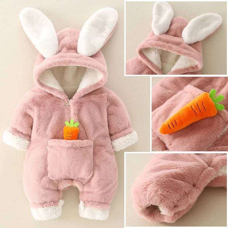 Rompers Winter Warm Coral Fleece Newborn Baby Girl Clothes Rabbit Coats Infant Jumpsuit Animal Overalls Pajamas 26Y0224