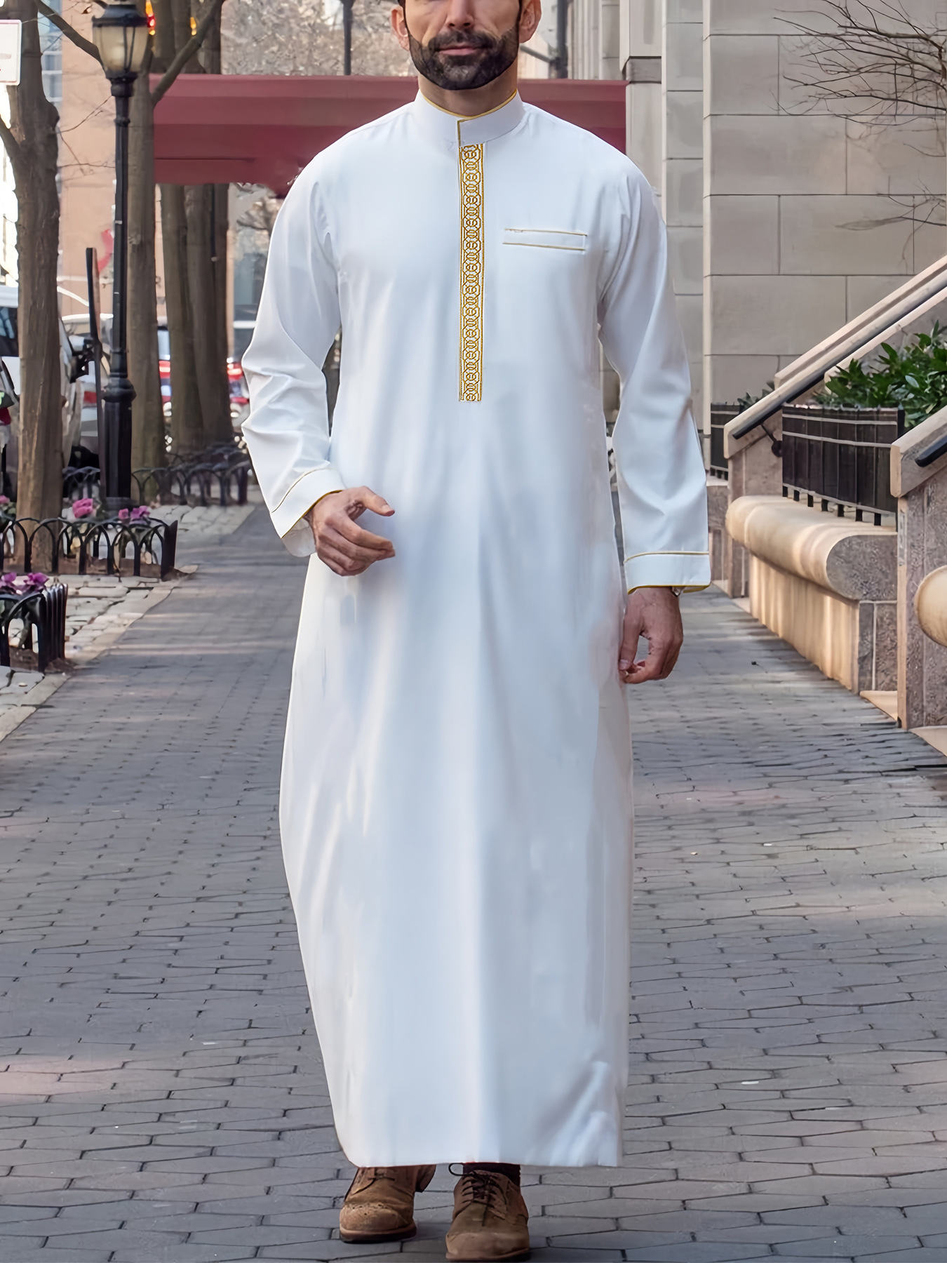 Ethnic Clothing Muslim Men Long Robe Saudi Islamic Stripe Printing Abaya Caftan Dubai Arab Eid Morocco Thobe Jubba Jalabiya Summer Ramadan