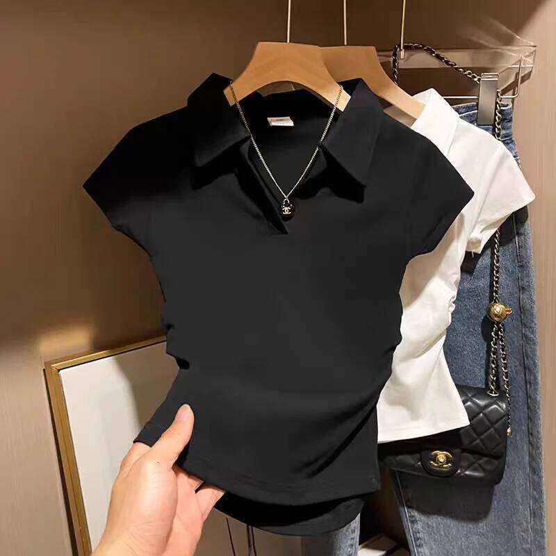 Polo TShirt Cotton Summer Sport T Shirt for Skinny Slim Basic Sexy Solid Grey Crop Short Sleeve Casual Women Top Tee 26W0224