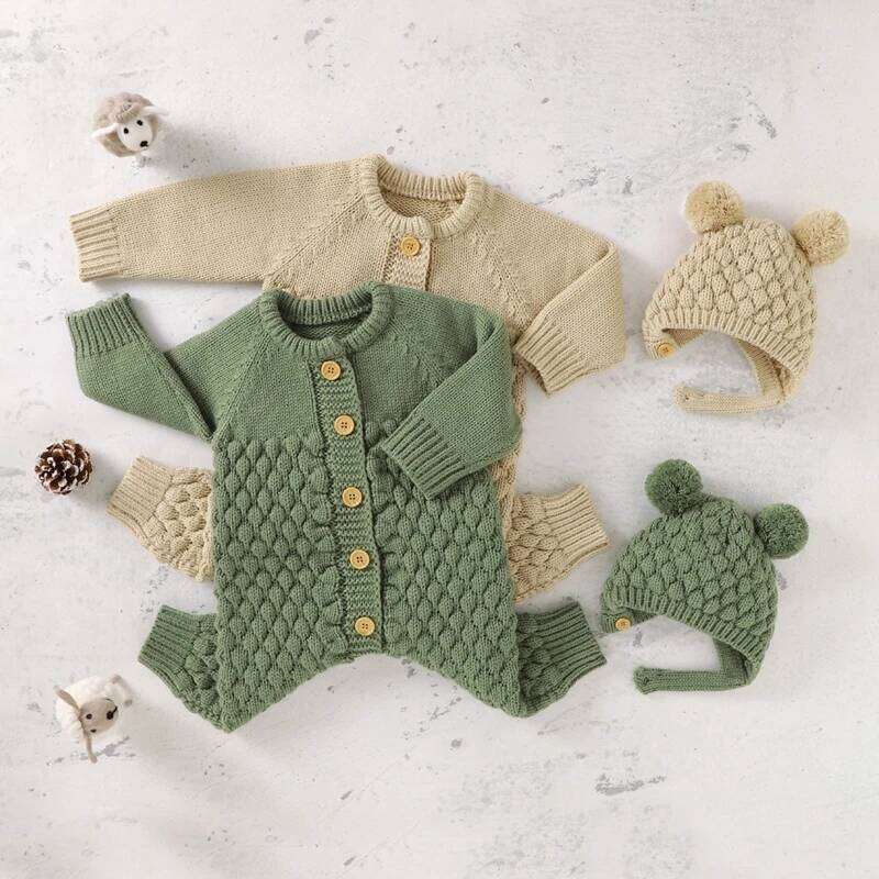 VISgogo 2PCS Baby Fall Winter Clothes Outfits Infant Boys Girls Jumpsuit Long Sleeve Solid Color Knitted Romper + Bear Hat Set 26Y0224
