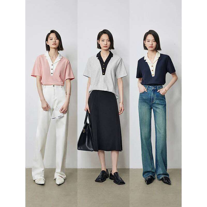 TOYOUTH Women Contrasting Colors POLO Collar T-shirt 2025 Summer New Short Sleeved Top 26W0224