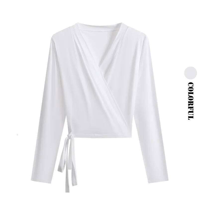 DRUR Womens Yoga Pilates Wrap Top Long Sleeve Tie Front Shrug Ballet Shirt and Thin V-Neck Crop Kimono Casual Y2k Clothes 26Y0224