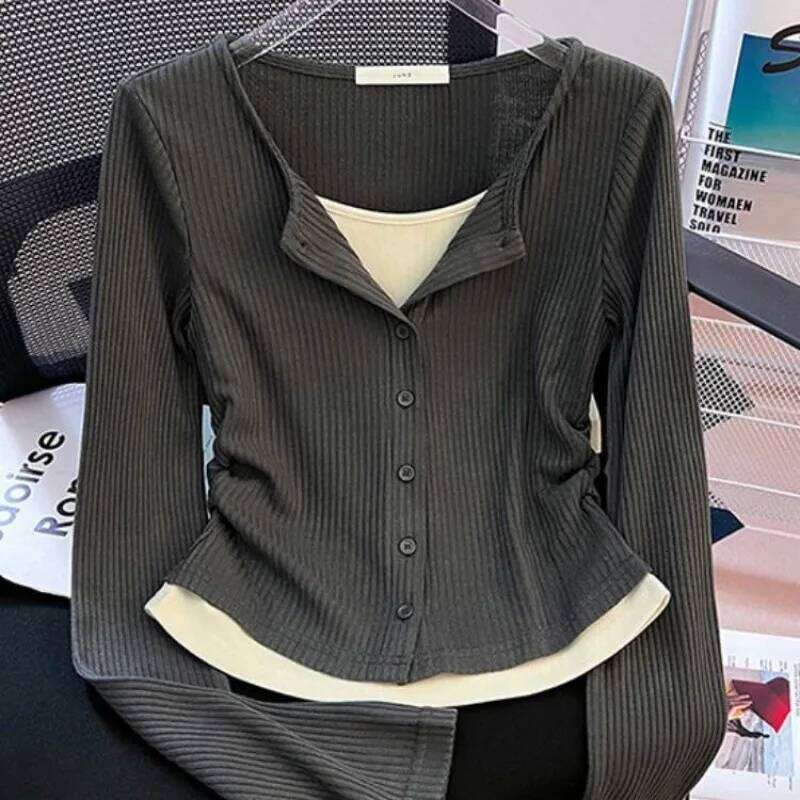 Unique Design Fake Two Pieces Long Sleeve Slim Fit T-Shirt Women's Early Autumn Wrinkle New Base Shirt Top Korean Knitwear 26L0224