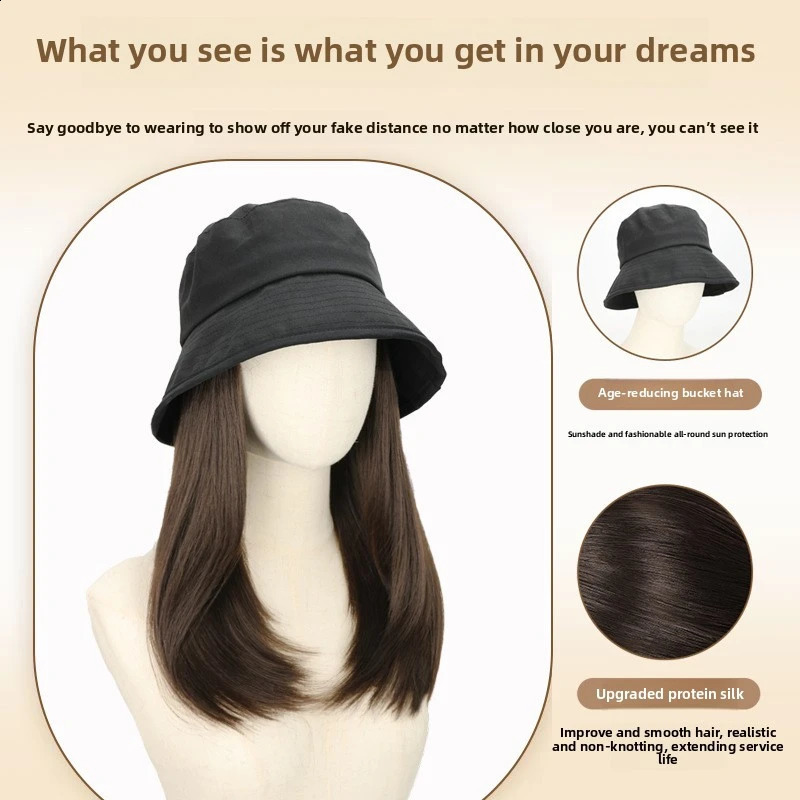 Hat Wig Female Natural Fashion Sun-Proof Bucket Hat Straight Hair Synthetic Wig Full-Head wigs for women 260207