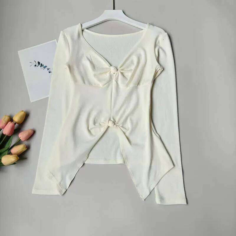 Slim Fit Yoga Top with Double Knot, Women's V-Neck Long Sleeve Workout Shirt, Breathable for Training 26Y0224