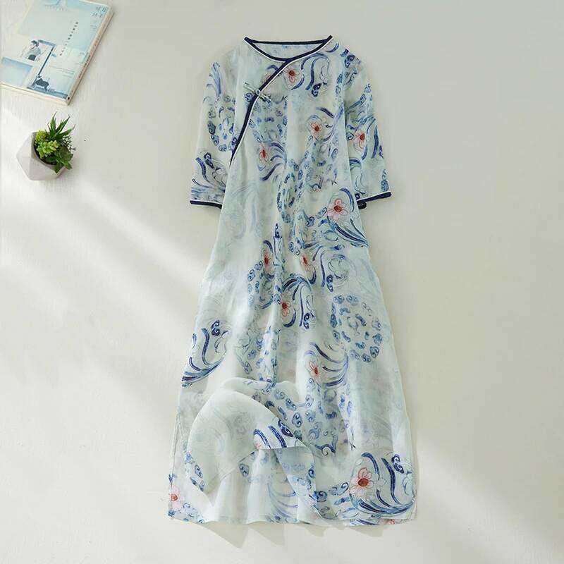 Mardi Hefxessdr Summer Cotton Chinese Style Vintage Print Dresses For Women New Casual Loose Long Dress Femme Robe Vestidos Elegant Clothes