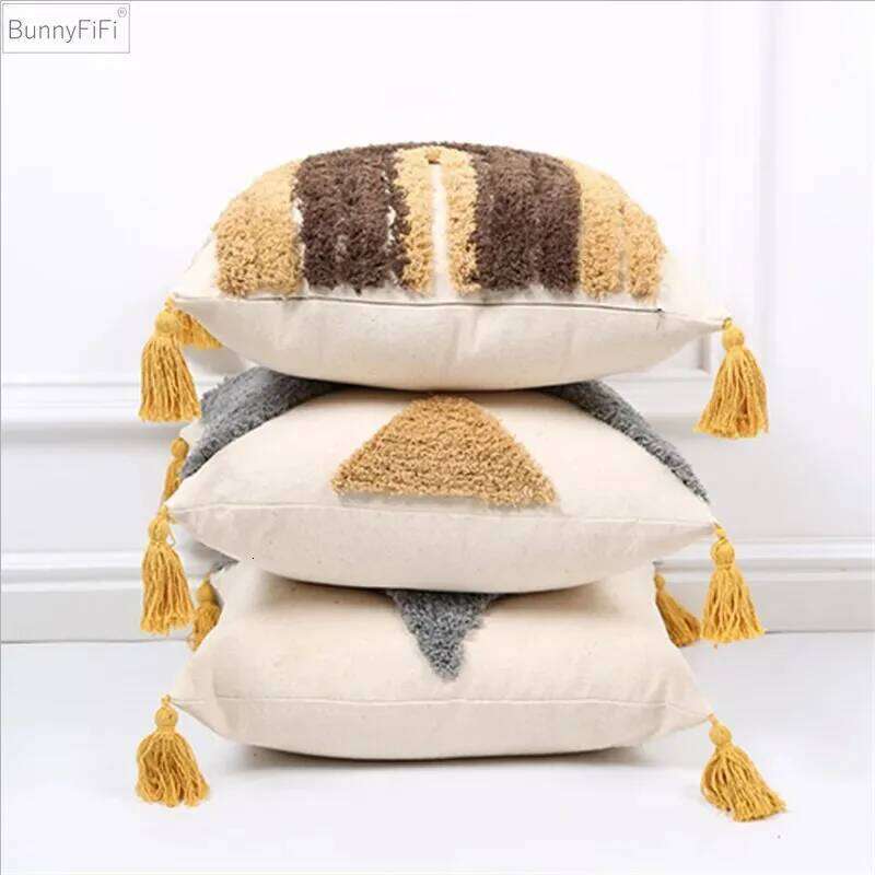 Embroidery Cushion Grey Khaki Tassels Home Decor Cover 45x45cm Geometric Decorative Sofa PillowCase Pillow Sham