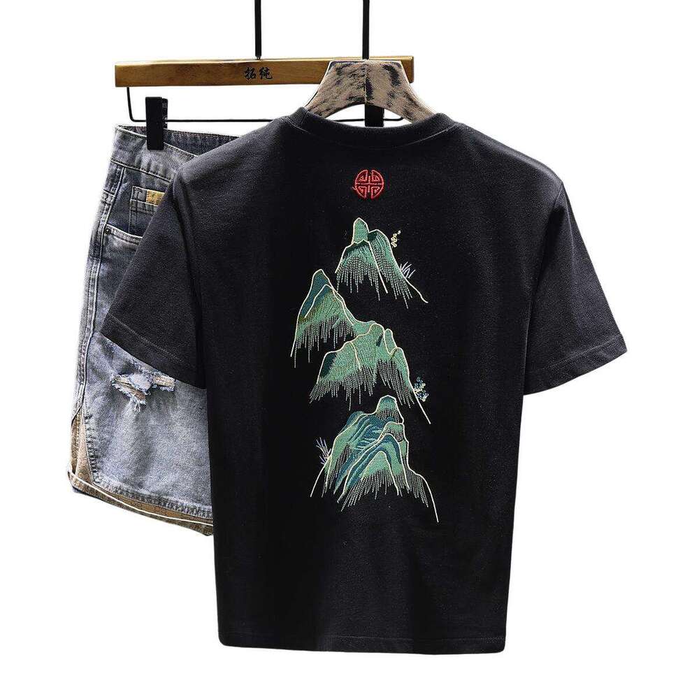 Men's T-shirt New Chinese Style Landscape Embroidered Short-sleeve White Green Landscape Embroidery On Back With Red Pattern On Top Loose Fit