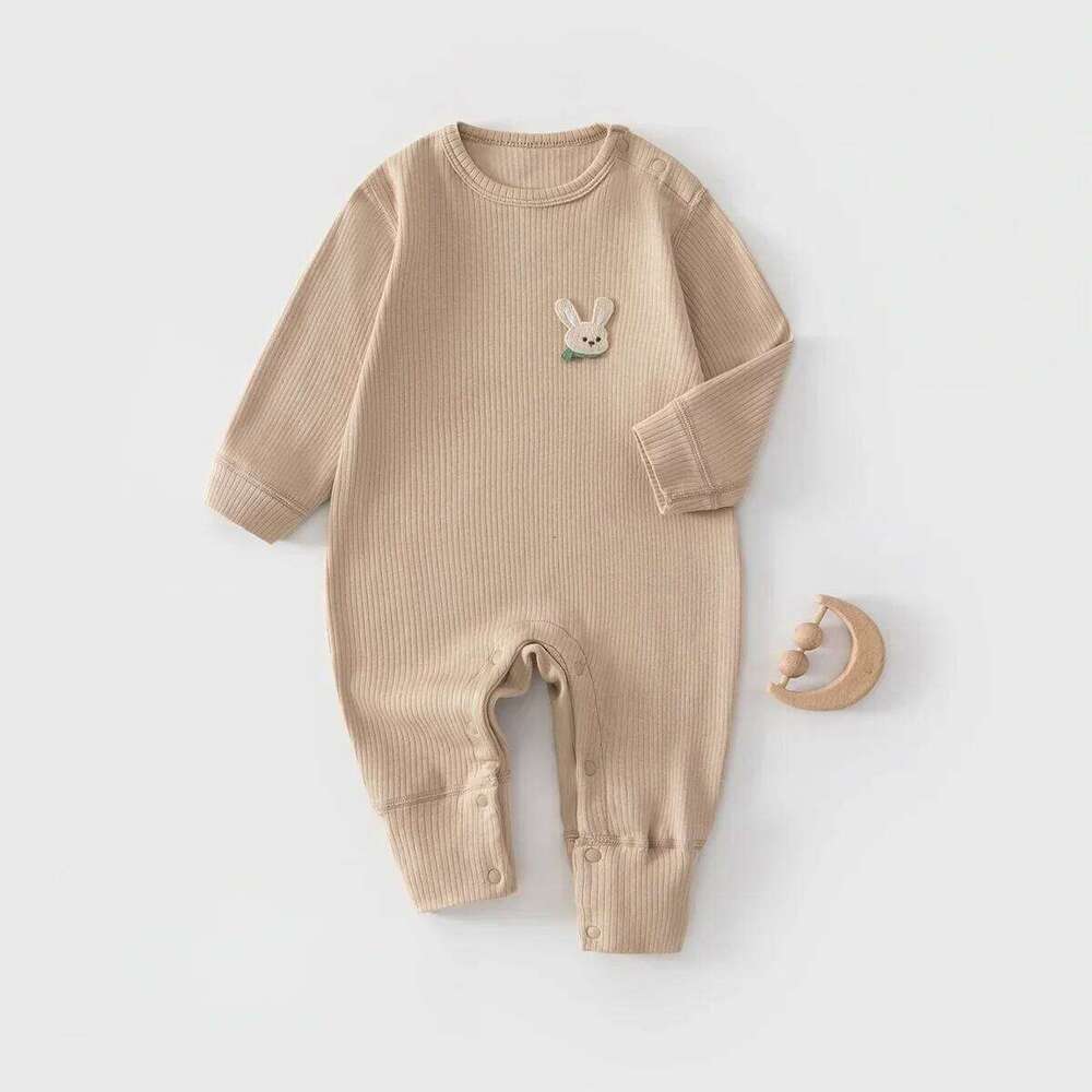 0-2Y Infant Girl Boy Jumpsuit Ribbed Knit 2026 Newborn Romper Spring Cute Patch Easy Snap Closure Soft Baby Clothes 26H0224
