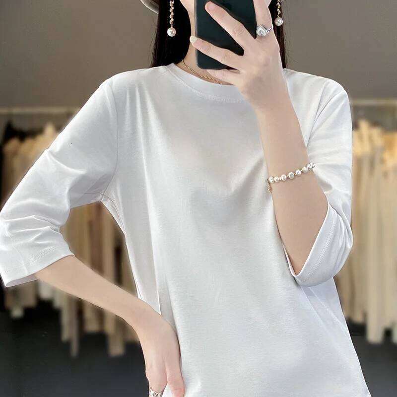 Mercerized Cropped Female Spring And Summer 2023 New Round Neck Loose 100% Cotton Short Sleeve Bottoming T-Shirt 26Y0224