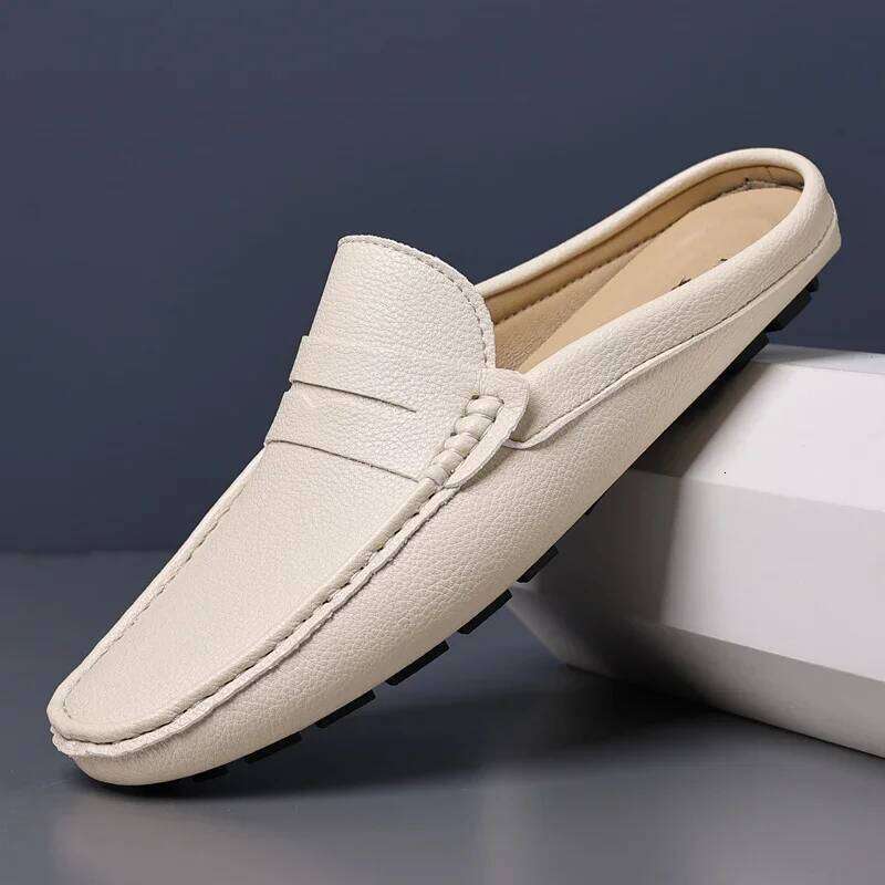 Summer Slip-on Soft Leather Slippers High Quality Flats Male Walking Casual Loafers Half Shoes for Men Lazy Shoe