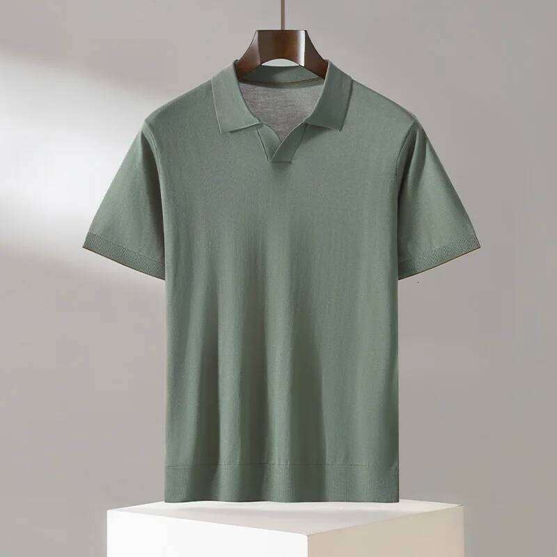 Men's 100% Lyocell Casual Solid Color Knitted Pullover T-Shirt Short Sleeve Loose POLO Collar Top Pull on Vest 26W0224