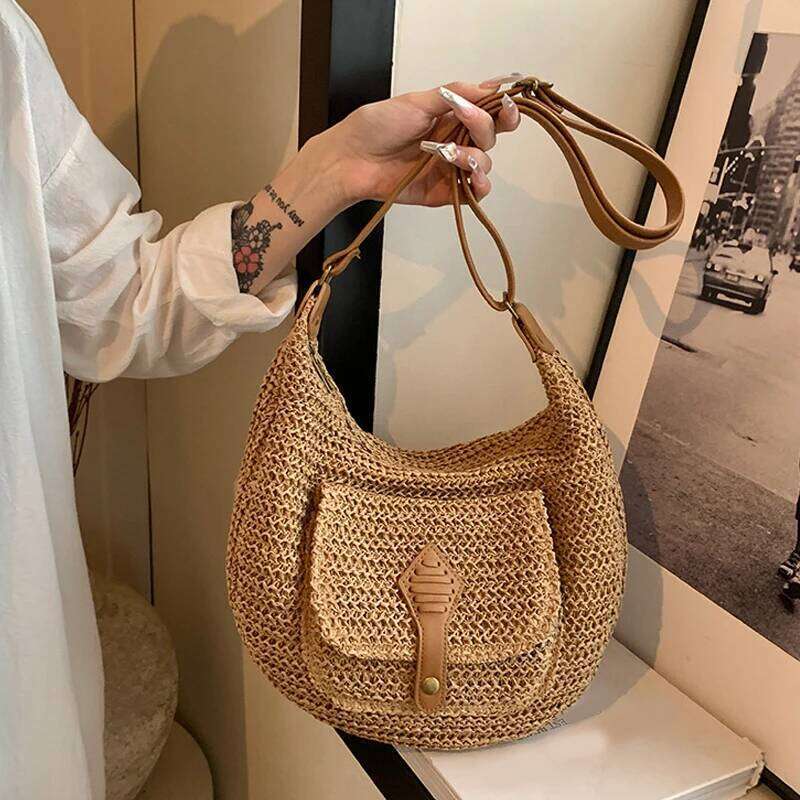 2024 Summer Beach Handbags and Purses Weave Tote Bag Female Bohemian Shoulder for Women Lady Travel Shopping Bags Z260224