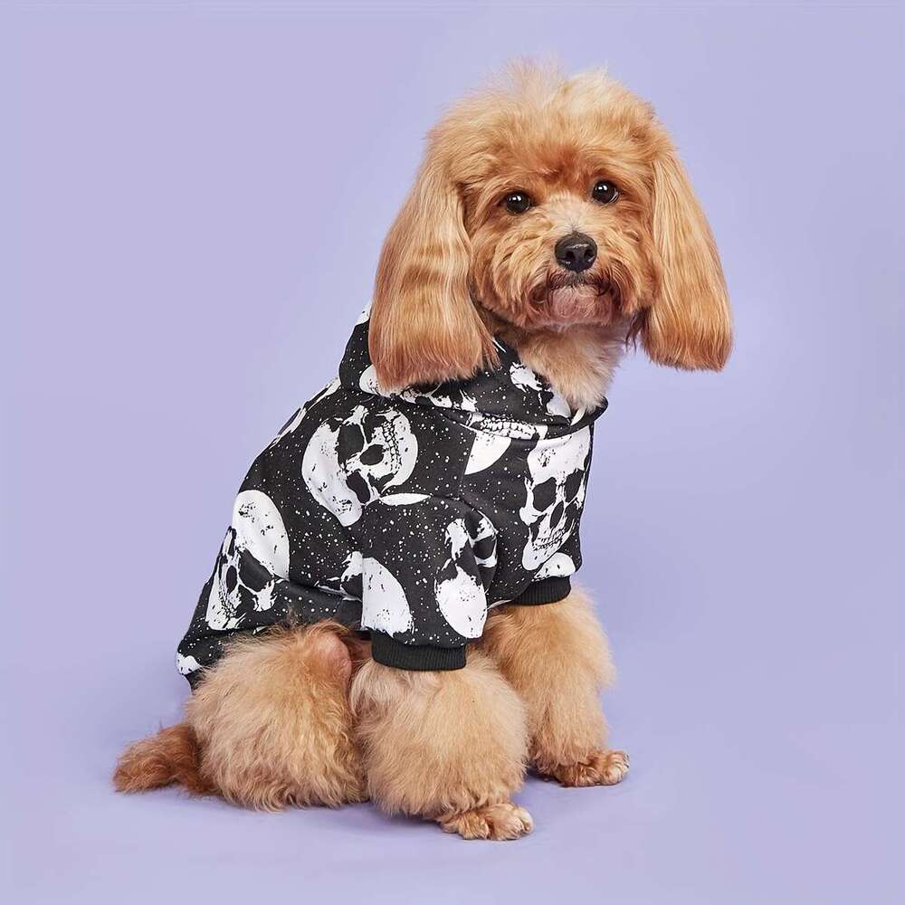 Spooky Skull Print Dog Hoodie - All-Season Pet Sweatshirt For Small To Medium Breeds, Machine Washable Bamubi