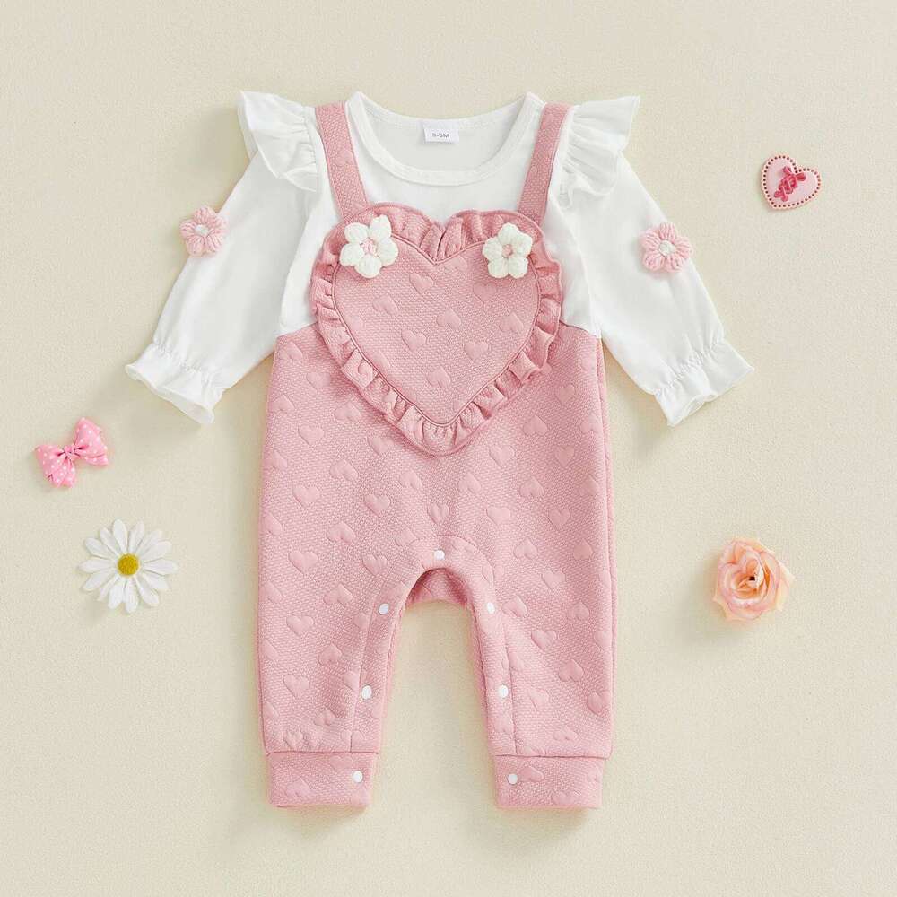 Baby Girls Spring Patchwork Romper Fake Two Pieces Heart Jacquard 3D Floral Long Sleeve Round Neck Jumpsuit 26H0224