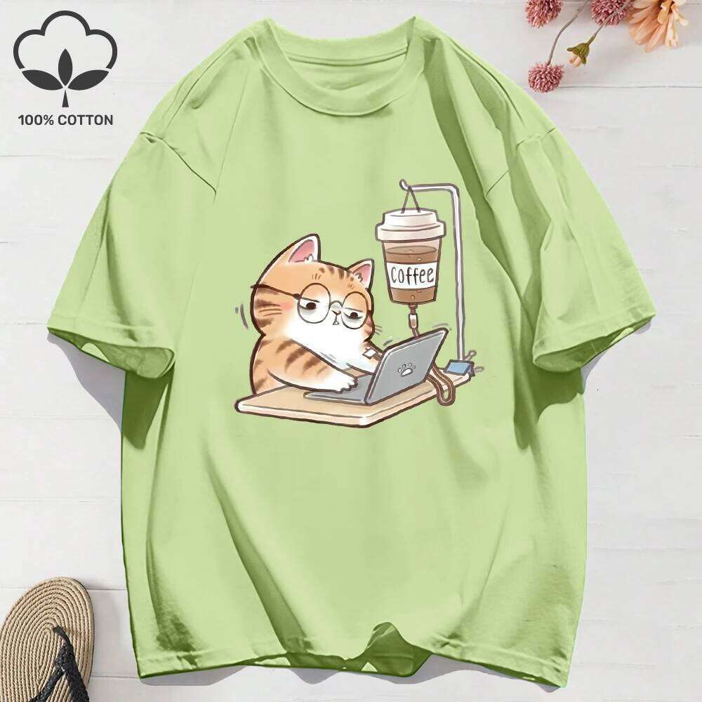 100% Cotton Womens T-Shirts Summer Work Cats That Cannot Do Without Coffee Prints T Shirt Soft Loose O-Neck Tops Basic Clothes H260224