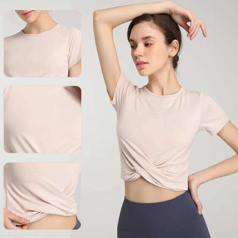 Running T-Shirt Hem Cross Stacking Shirt for Gym Crop Top Sports Tee Short Sleeved High Elastic Yoga Women Activewear 26Y0224