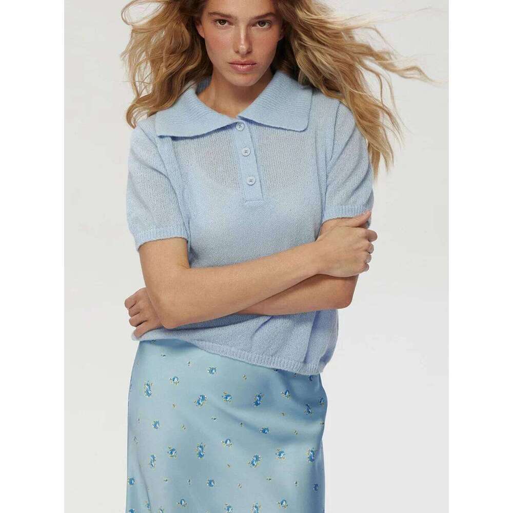 Wolfeel Summer New Polo Collar Hollow Short Sleeved Women's Bubble Sleeve T-shirt Female Simple Knitted Sweater 26W0224