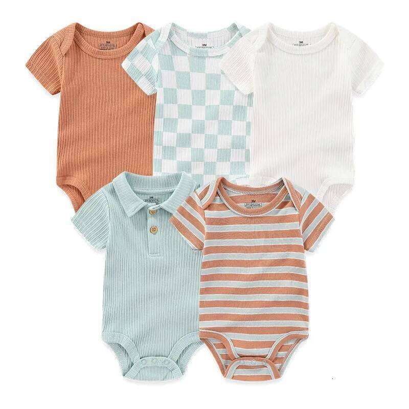 Kiddiezoom 5pcs Summer Short Sleeve Boy Girl Bodysuits Soft Newborn Baby Onesie 26Y0224