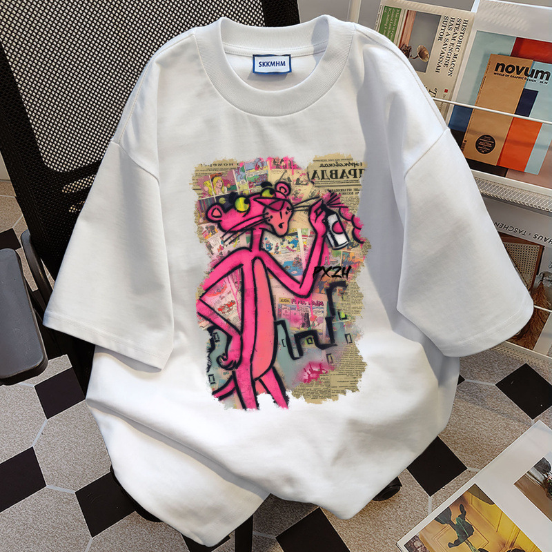American Style Cotton Cartoon Print Short Sleeve T-Shirt for Women 2026 Summer New Loose White Gray Casual Versatile Couple Top