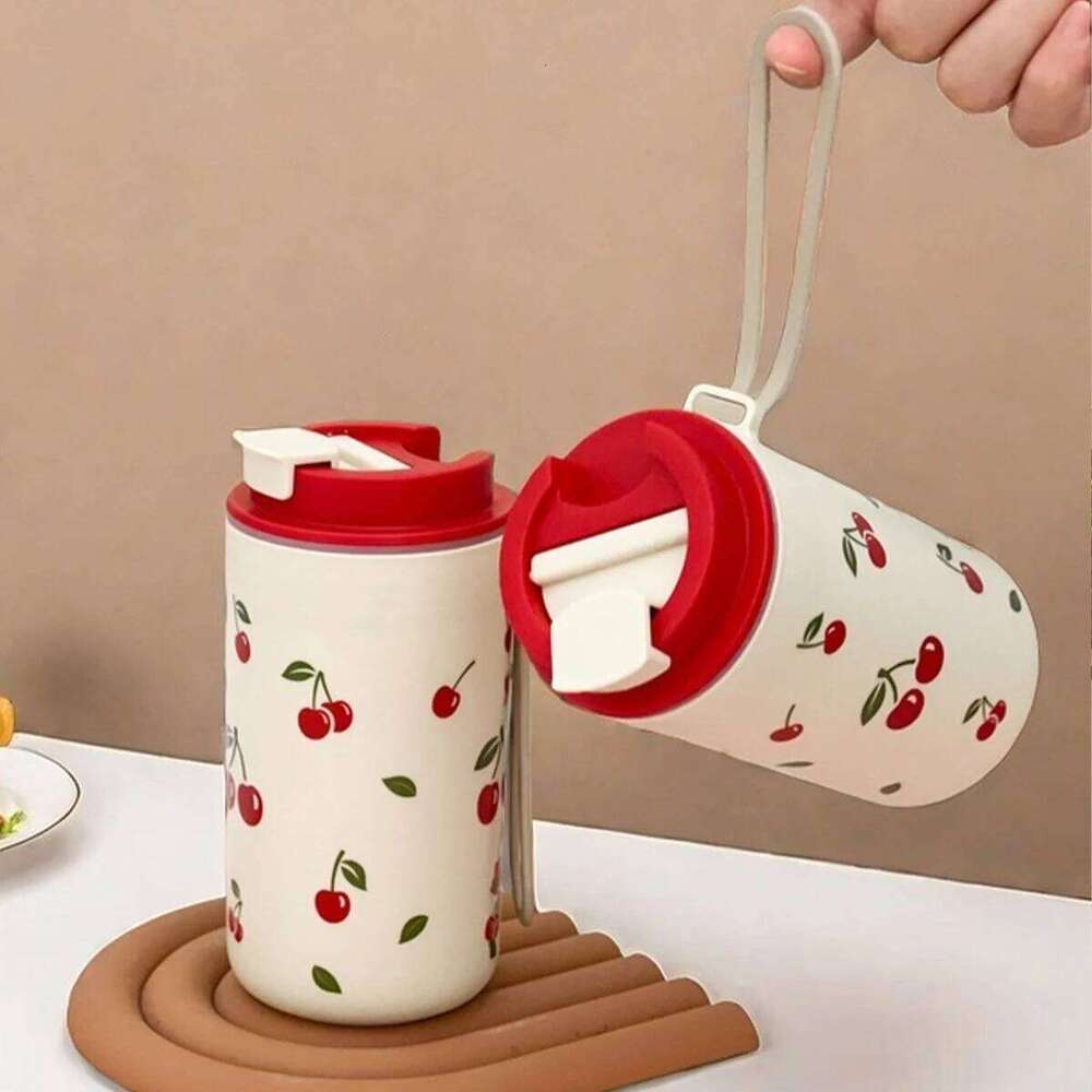 350/400ml Tumbler Plastic Cup With Rope Cherry Pattern Milk Coffee Mug Reusable Water Bottle For Student School Travel