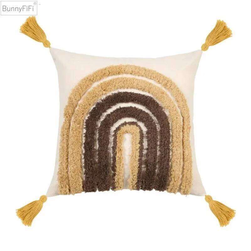 Embroidery Cushion Grey Khaki Tassels Home Decor Cover 45x45cm Geometric Decorative Sofa PillowCase Pillow Sham