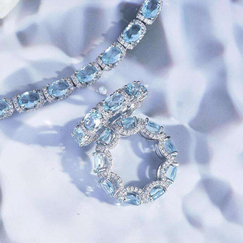 and Rings Bracelet Silver Plated Blue Cubic 1 Zirconia Gemstone Design for Wedding Engagement Party Gift High Quality Texture