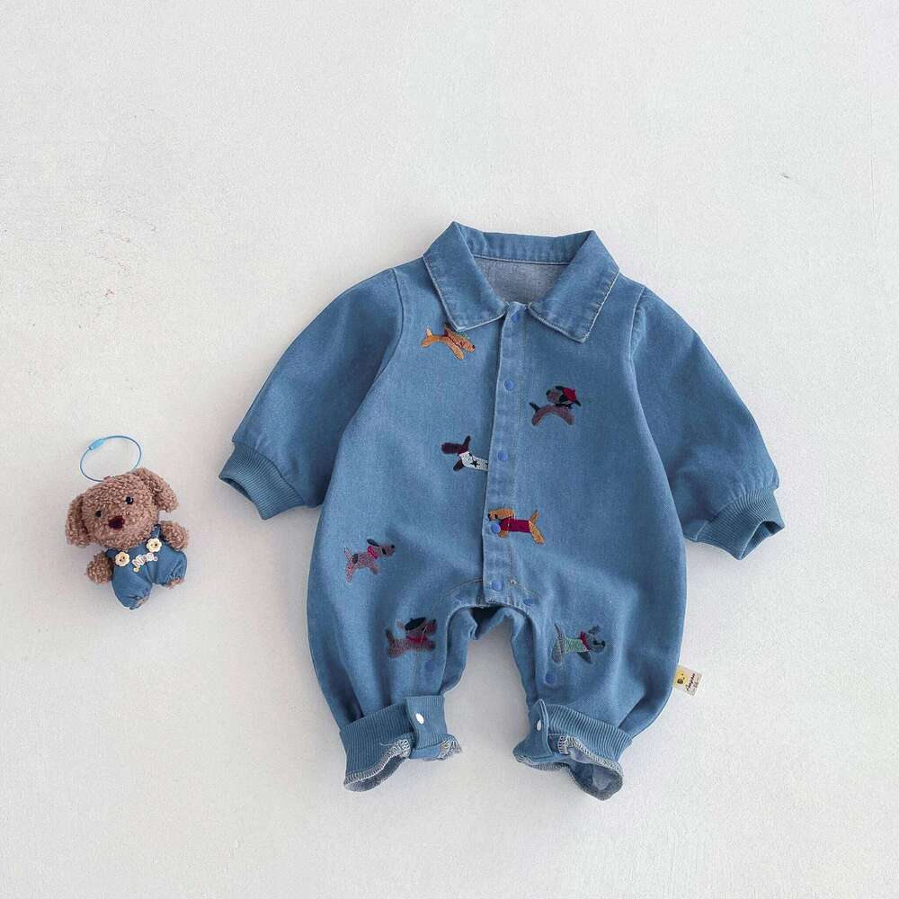 Baby one-piece suit, denim autumn wear, embroidered outdoor crawling for boys and girls, Hayi, first birthday clothes fo 26Y0224