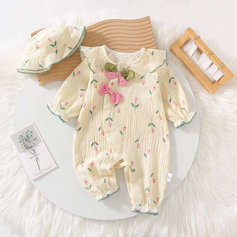 Spring Autumn Newborn Baby Girl Clothes Cute Floral PrintLong Sleeve Jumpsuit with Matching Hat 26H0224