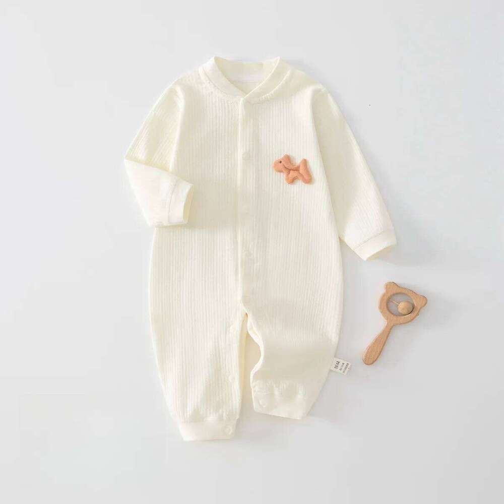 Newborn Boys Girls Bodysuit Spring 0-2Y Cotton Baby Romper Ribbed Texture Cute Patch Button Closure Soft Infant Jumpsuit Clothes 26H0224