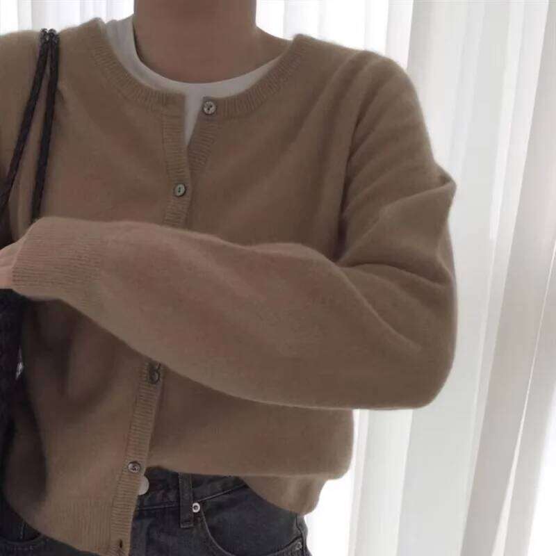 O Neck Solid Color Simple Short Loose Fit Knitted Cardigan Pring Autumn Sweet Casual Long Sleeve Sweater Jacket Women New 9053 26L0224