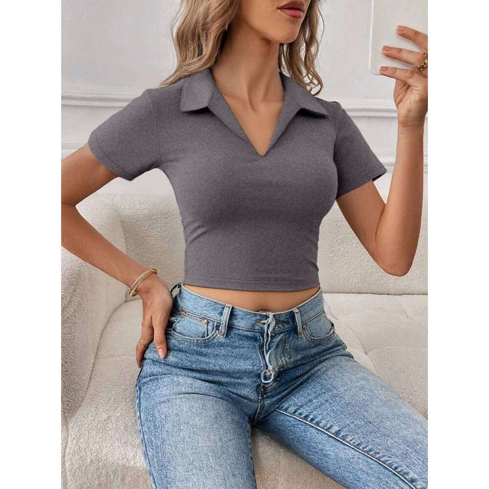 Women's Stretchy Fitted Crop Polo Shirt Short Sleeve V-Neck Collar Soft Blouse Casual Street Party Daily Wear Spring Summer 26W0224
