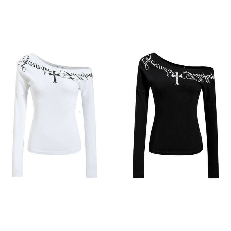 Off-Shoulder Cross Letter Print Long-Sleeve T-Shirt, 2026 Spring-Summer New Dark Gothic Hot Girl Style, Slim-Fit Casual Top