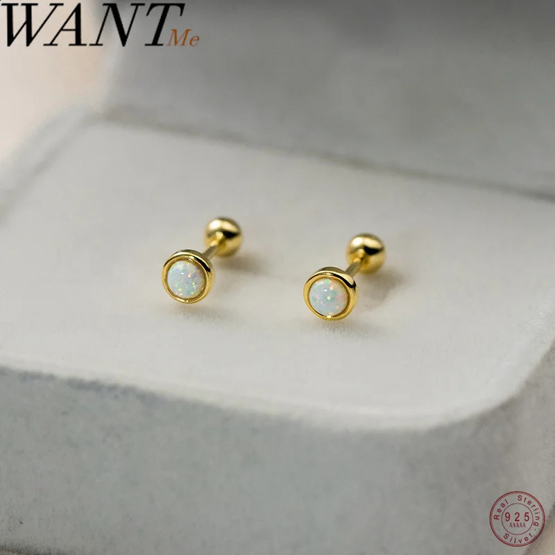 WANTME 925 Sterling Silver Simple Luxury Opal Screw Bead Stud Earrings for Women Fashion Ear Bone Piercing Jewelry Accessories 260205