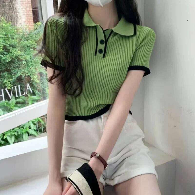 Contrast Color Polo Collar Shoulder Knitted Sleeves T-shirt Women's Summer Slim-Fitting Design Sense Niche Short Tops 26W0224