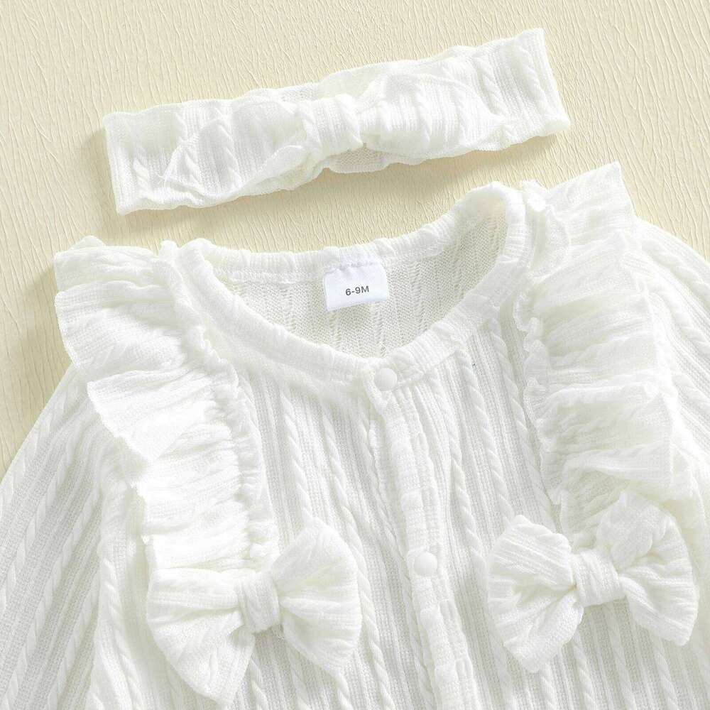 Baby Girl Footed Romper Duck Solid Color Ruffled Long Sleeve Round Neck Jumpsuit with Bow Headband 26H0224