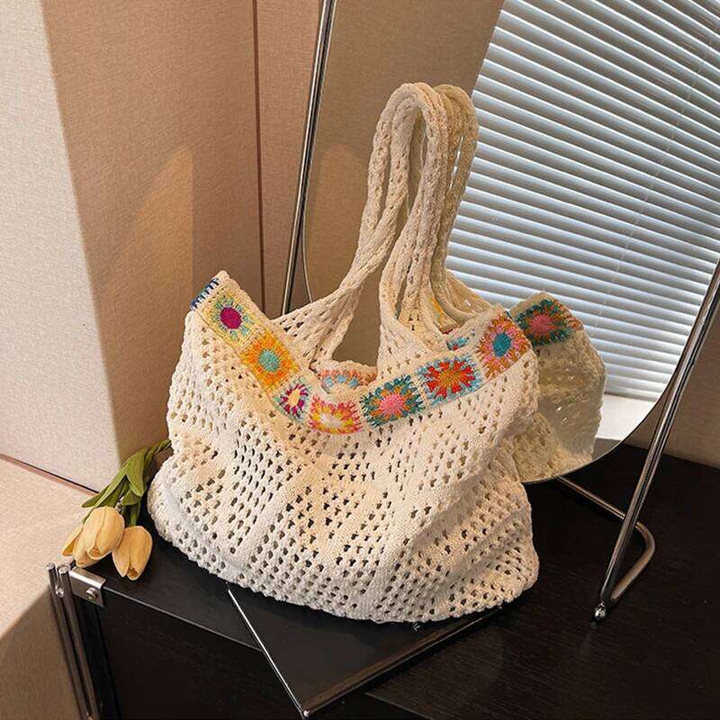 Bohemian Handmade Beach Tote Colorful Beads Floral Trim Natural Crochet Shoulder Women Casual Bag for Travel Z260224