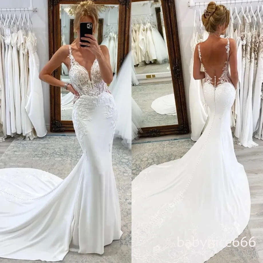 Sexy Backless Mermaid Wedding Dresses Sleeveless Long Satin Bridal Gown Lace Appliques Spaghetti Summer Beach Bride Wear White Ivory Robe De Mariee BC