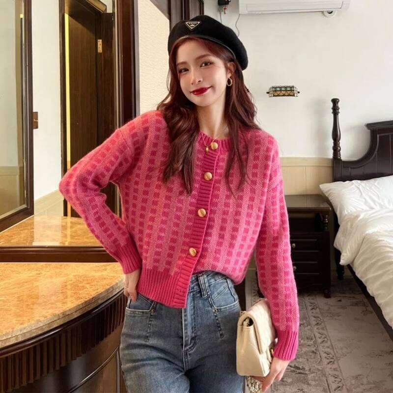 Y2k Pink Women Cardigan Korean Sweet Plaid Long Sleeve Female Sweaters Harajuku New O Neck Preppy Style Ladies Tops 26L0224