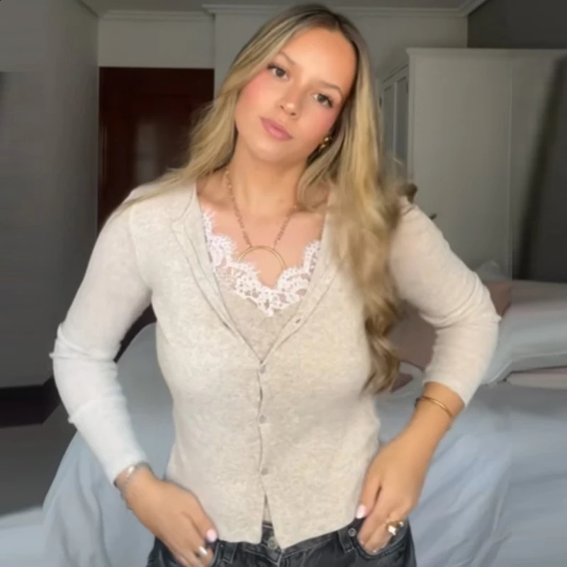 HXAO Crop Knit Cardigan For Women Autumn Spring Chic Lace Long Sleeve Knitwear Darkgrey Beige Sweaters Korean Cardigans 260209