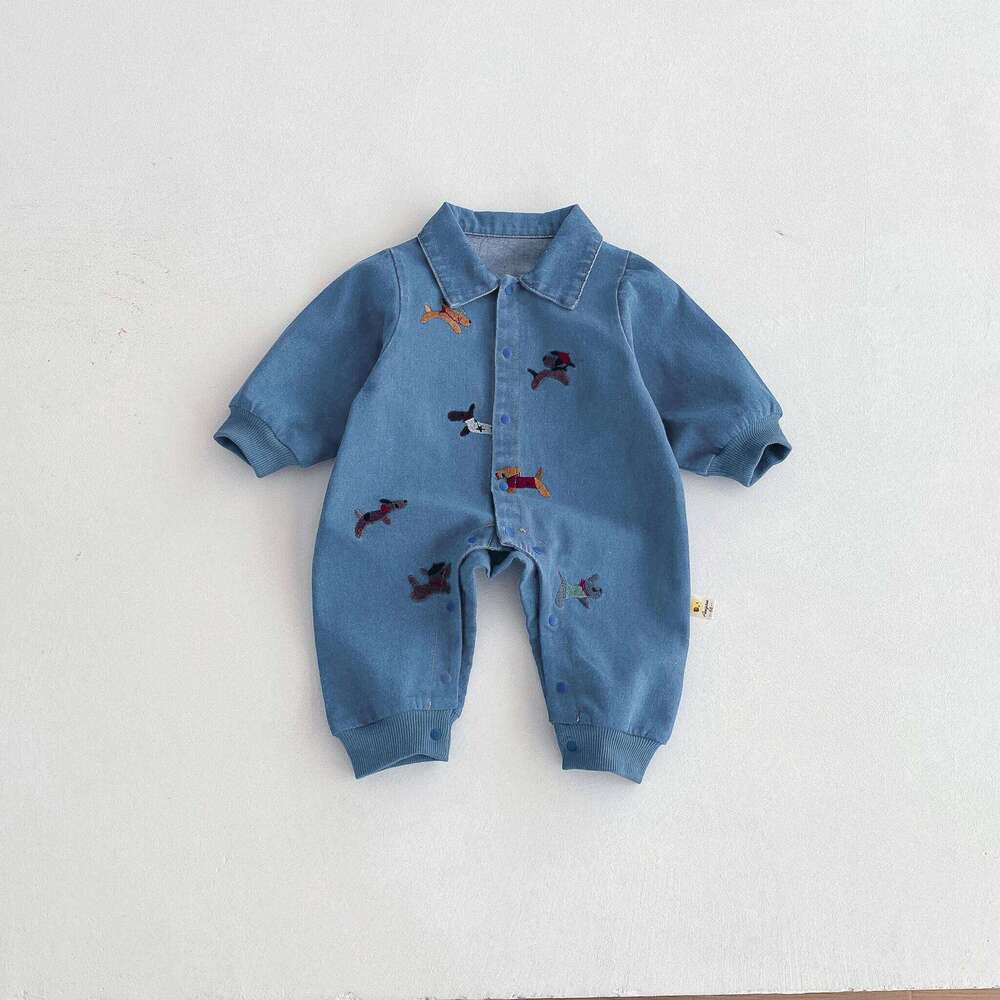 Baby one-piece suit, denim autumn wear, embroidered outdoor crawling for boys and girls, Hayi, first birthday clothes fo 26H0224