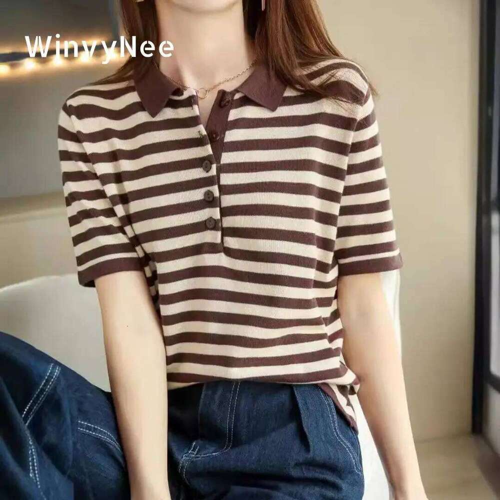 WinvyNee Summer 100% Cotton Striped Polo T Shirt Women Clother Tops Short Sleeve Sweater Casual Basic Pullover A1002004 26W0224