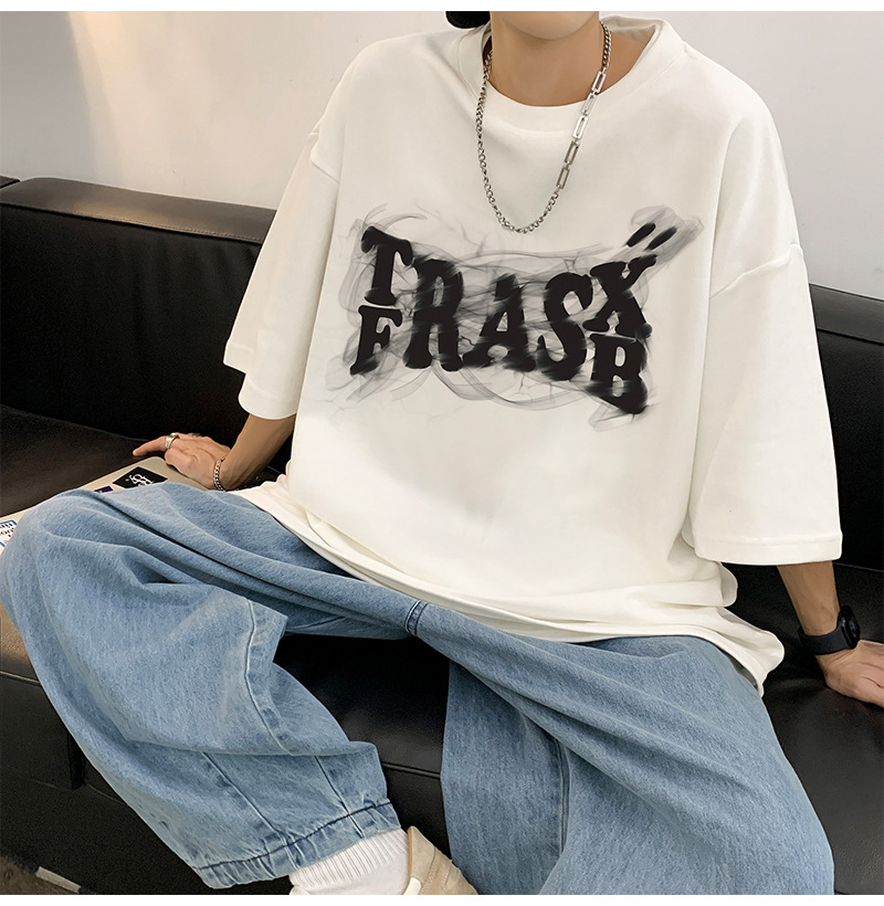 Men's American Style Loose Heavyweight Cotton Short Sleeve T-Shirt, Summer Trendy Ins Style Simple Print All-match Tops