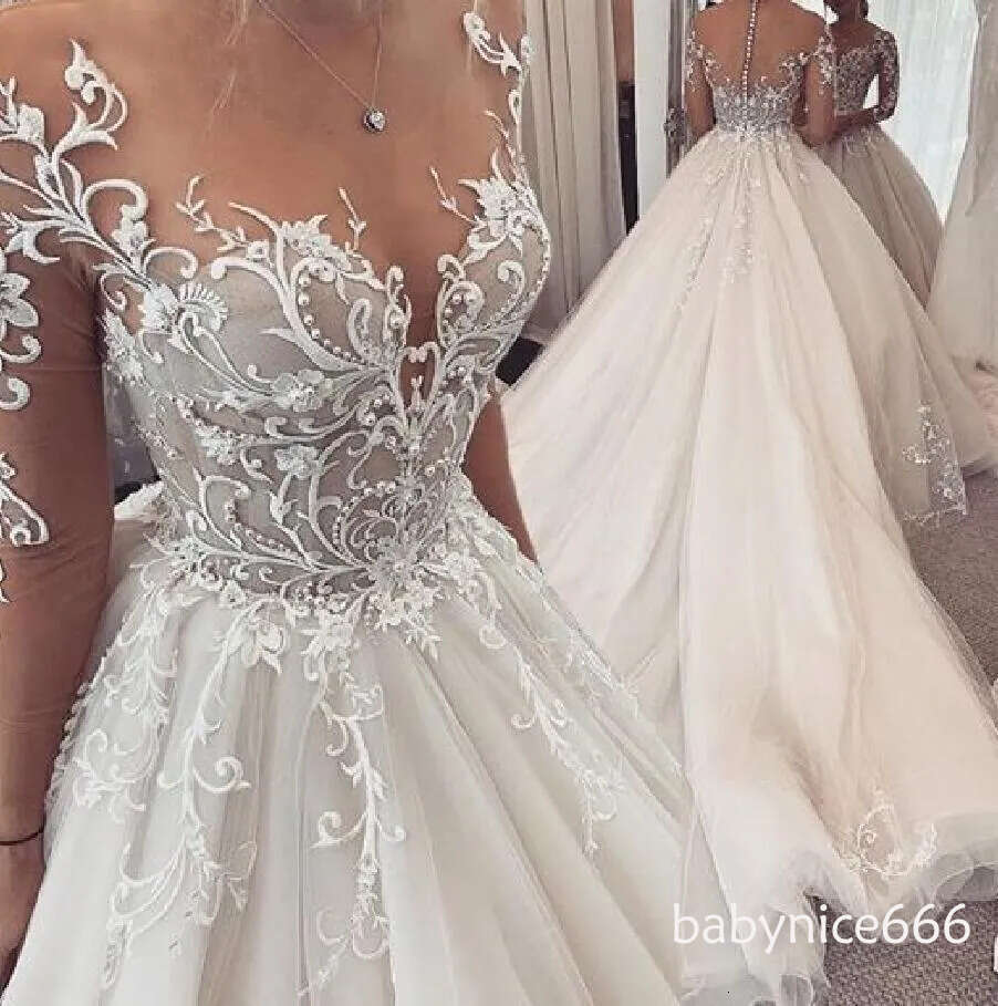 Simple Illusion Long Sleeves A Line Wedding Dresses Bridal Gowns Jewel Neck Button Back Lace Appliques Pearls Ball Gown Vestido De Novia Custom Plus S