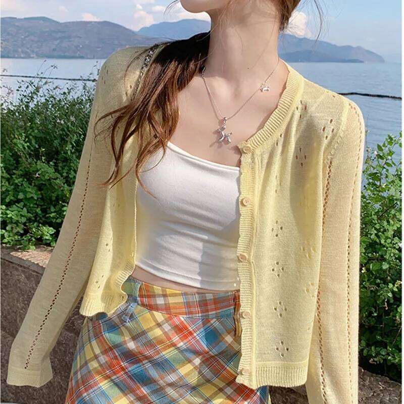 Grey Knitted Cardigan Thin Women Summer Hollow Out Long Sleeve Button Sun Protected Korean Style Short Knitwear Tops Female 26L0224