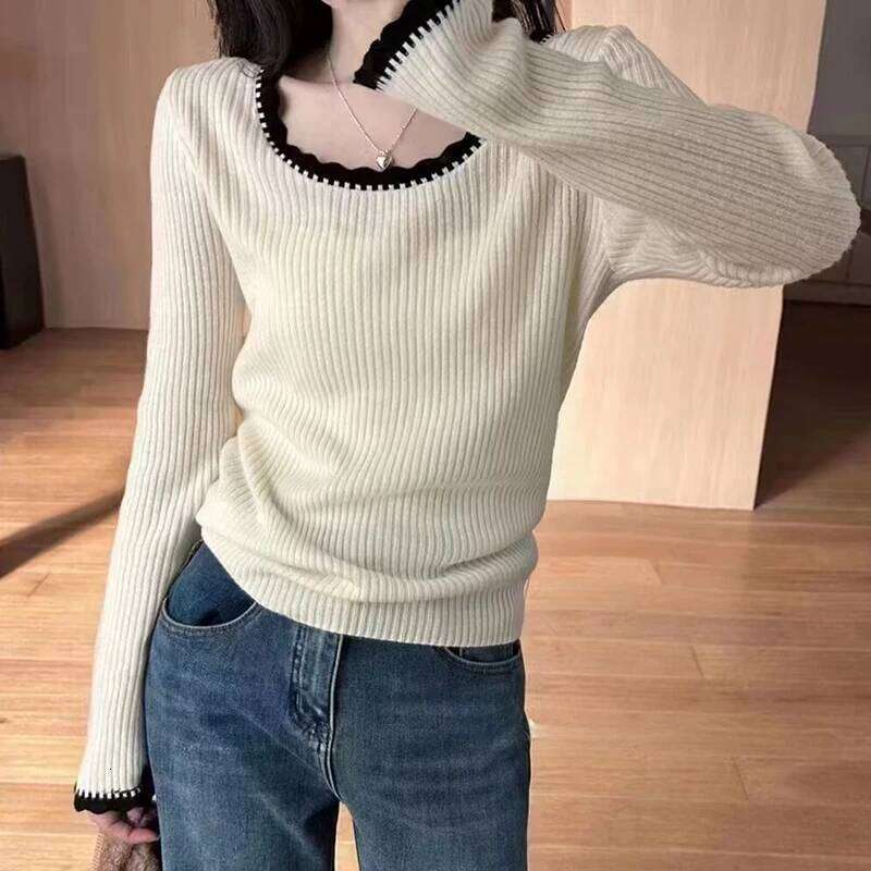 Women Rib Knit Pullover Sweater with Overlocked Trim Long Sleeve Slim-Fit Tops Jumper Spring Autumn Teen-girl Casual Knitwear 26L0224