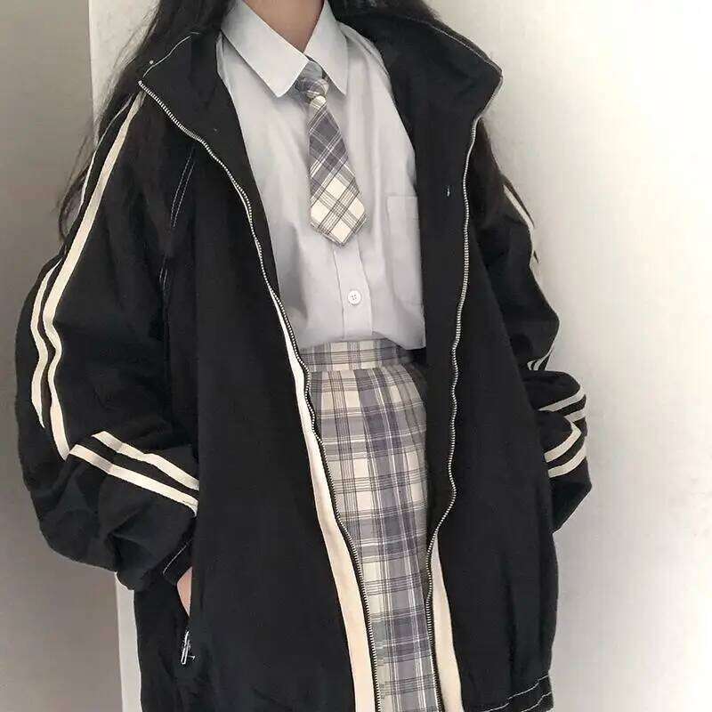 Mardi Hefxessdr Sprin Autumn Women Preppy Jacets Student Bay Stand Collar Zipper Coats All match Baseball Toolin Patchwor Outwear Casual