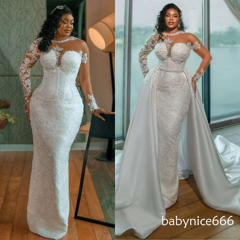 Mermaid Dresses Bridal Gowns With Detachable Train Plus Size Illusion Long Sleeves Beaded Lace Wedding Gown for African Black Women Bride O19